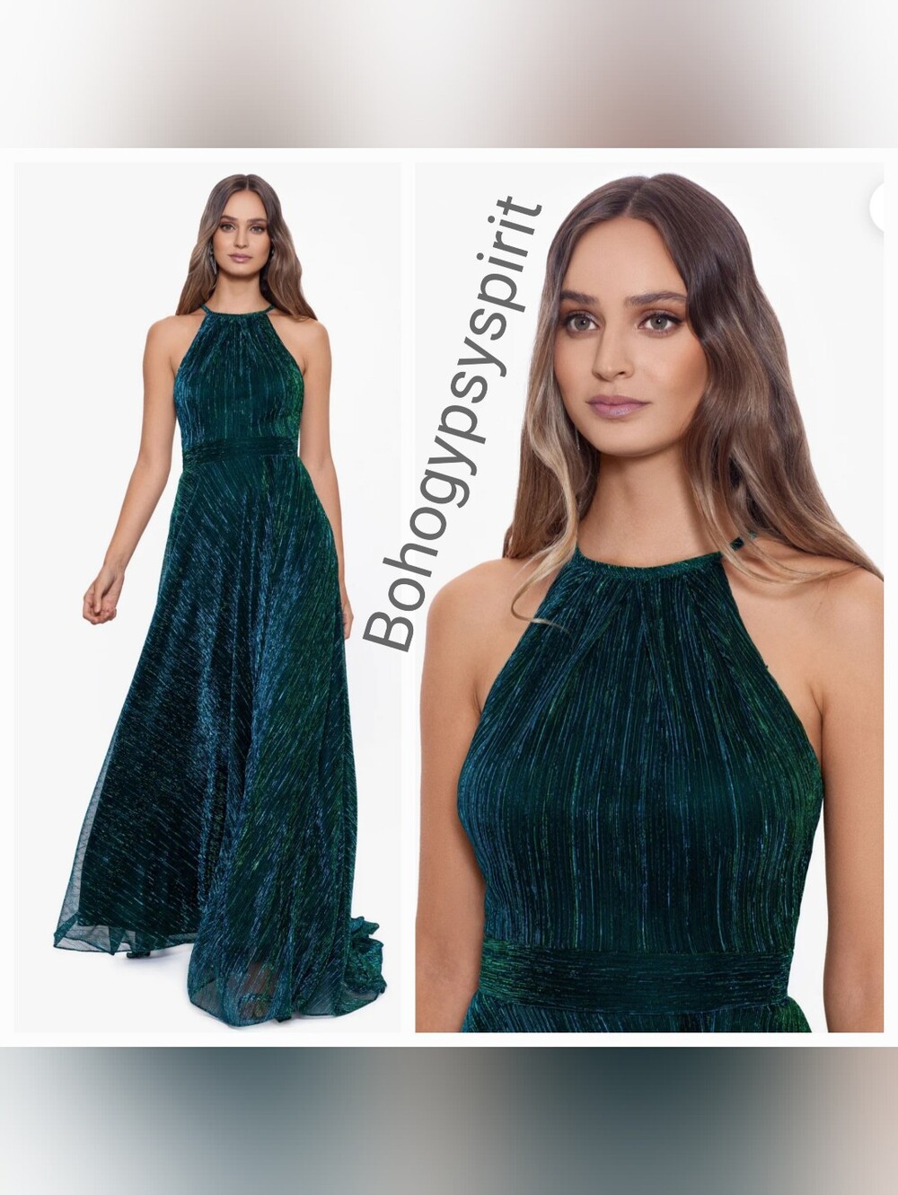 $289 Betsy & Adam Long Halter Metallic Formal Dress, Prom Homecoming
